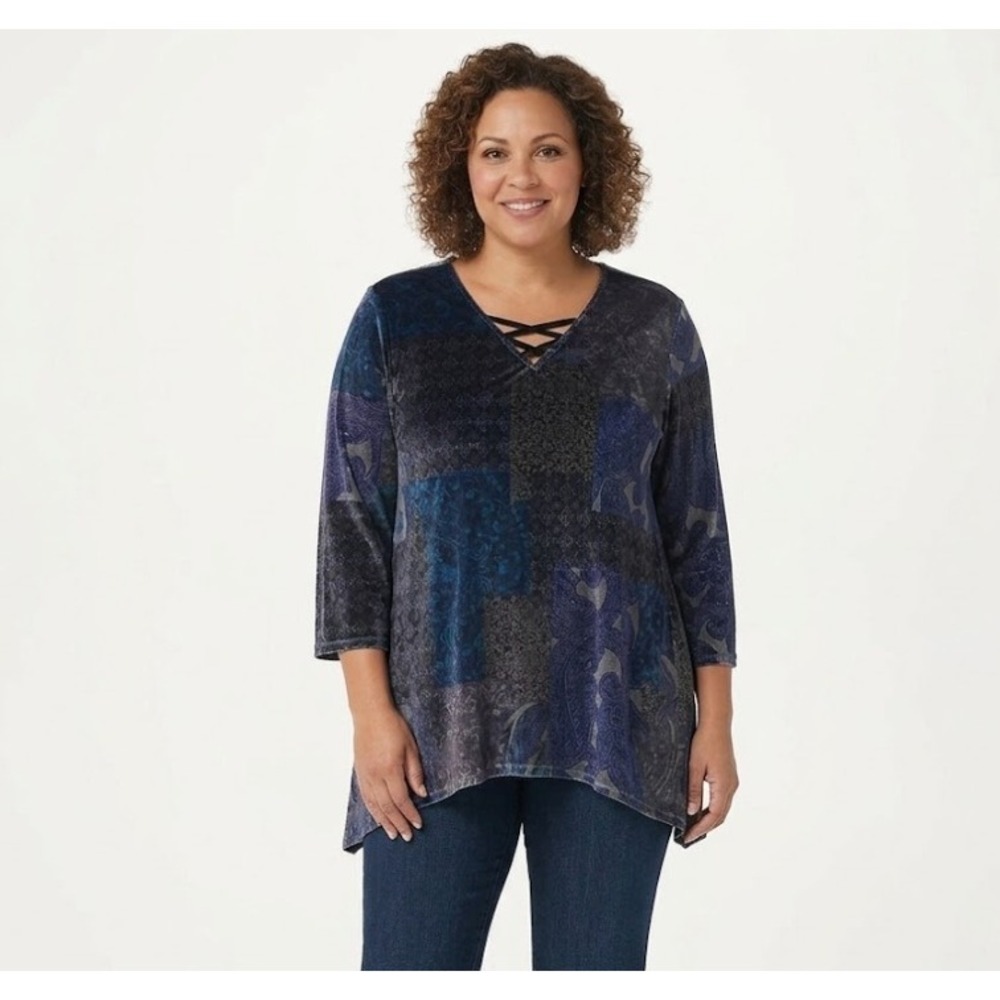 Chico's Blue Purple V Neck Velvet Stretch Asymmetric Pullover Top XL/3